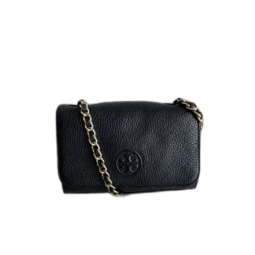 Tory Burch Bombe Crossbody Bag Black Leather Gold Chain Authentic Y2K Logo